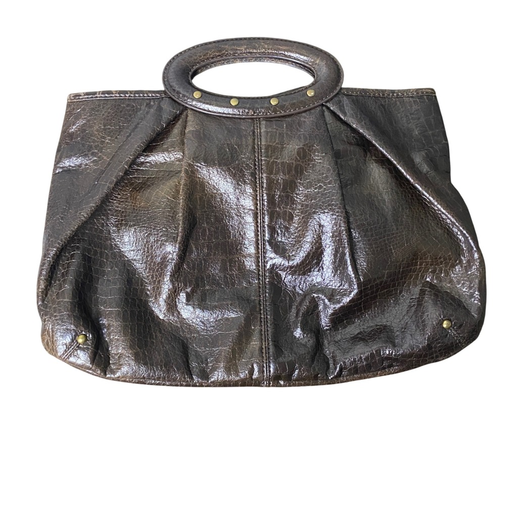 Ann Taylor Loft Faux Croc Embossed Tote Bag‎ Brown Rounded Handle Stud Accents